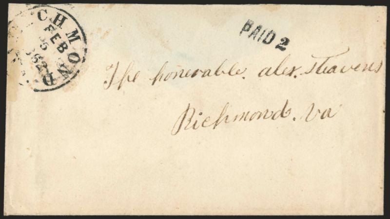 Richmond Va. Feb. 5, 1862.> Circular datestamp, matching <Paid 2> handstamp on locally addressed cover, ms. note on back <<W.G. Sikes 2nd Geo. hospital Feb 5th 1862,>> letter gives an account of his illness and
begs Mr. Stephens to procure for hi