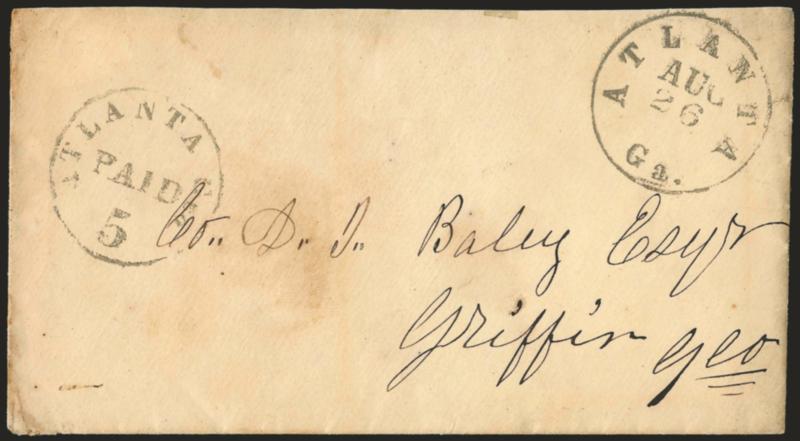 Atlanta Ga., 5c Black entire (6XU2).> Clear strike with Atlanta Ga. Aug. 26 circular datestamp on cover to Griffin Ga., with original enclosure, some toning, missing top flap, Very Fine strike