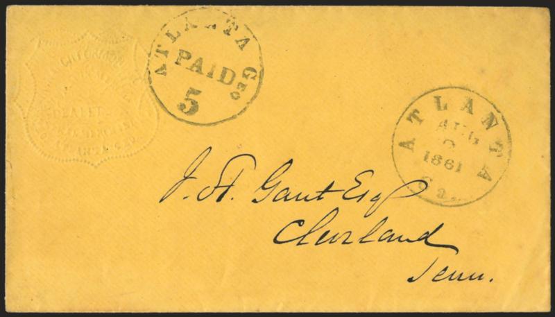 Atlanta Ga., 5c Black entire (6XU2).> Clear strike with Atlanta Ga. Aug. 3, 1861 circular datestamp on orange cover with <embossed merchants corner card> to Cleveland Tenn., Very Fine, ex Judd and
Myerson