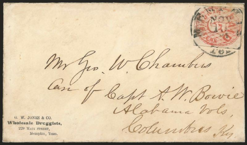 Memphis Tenn., 5c Red (56X2).> Ample margins to touching, tied by Memphis Ten. Nov. 10, 1861 circular datestamp on druggists corner card cover to a civilian in care of Alabama Vol. at Columbus Ky., possibly to
a sutler, minor repaired opening nick