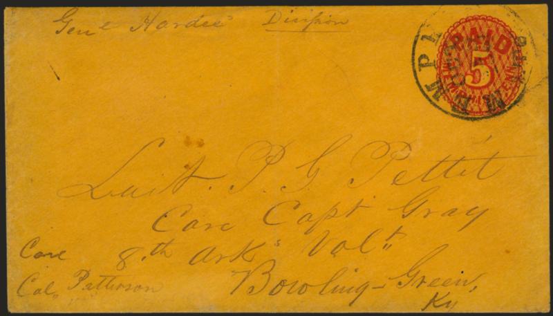 Memphis Tenn., 5c Red on Orange entire (56XU3).> Mostly clear Memphis Ten. Oct. 15, 1861 circular datestamp, addressed to Lieut. P. G. Pettit, 8th Regt. Ark. Vol., Bowling Green Ky., senders notation <<Genl.
Hardees Division>> and care of Capt.