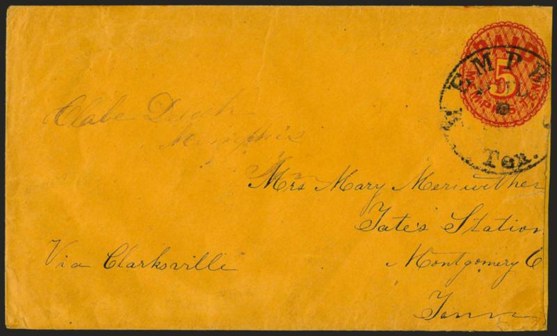 Memphis Tenn., 5c Red on Orange entire (56XU3).> Cancelled by Memphis Ten. Jul. ? circular datestamp and addressed to Tates Station Tenn., endorsed <<Via Clarksville>> at left, slightly reduced at right and
with some edge flaws at right, Fine an