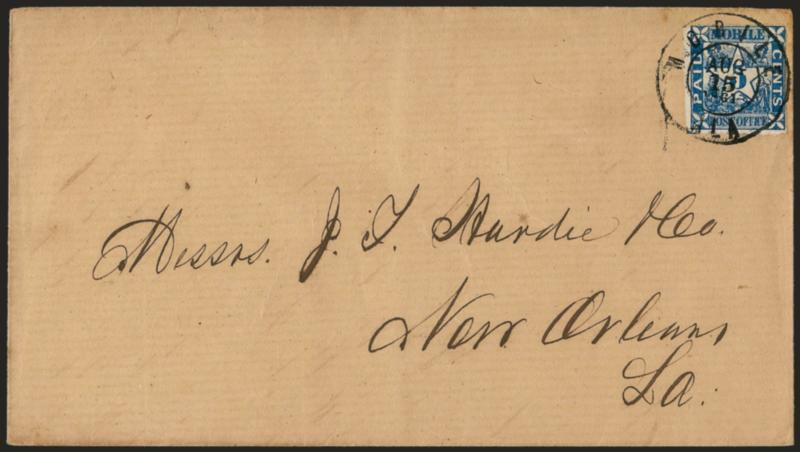 Mobile Ala., 5c Blue (58X2).> Large margins to just in, tied by well-struck Mobile Ala. Aug. 15, 1861 double-circle datestamp on cover to New Orleans, fresh and Very Fine