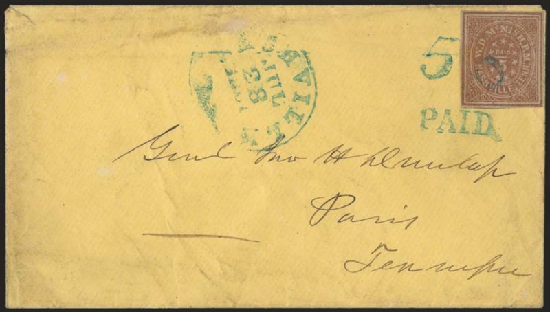 Nashville Tenn., 5c Brick Red (61X3).> Large margins to clear, cancelled by 5 numeral,> second strike at left, on yellow cover to Paris Tenn., matching Paid handstamp and Nashville Ten. Jul. 28, 1861 circular
datestamp, some edgewear, Very Fine