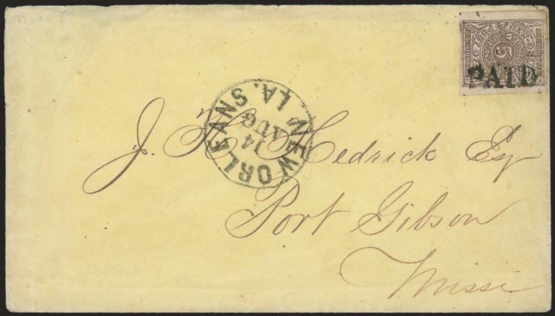 New Orleans La., 5c Brown on White (62X3).> Full to large margins, cancelled by perfect strike of Paid handstamp, New Orleans La. 14 Aug. (1861) circular datestamp on yellow cover to Port Gibson Miss., light
fold at bottom, stain tied by tiny ton