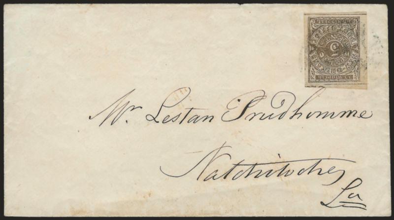 New Orleans La., 5c Brown on White (62X3).> Large margins incl. tace of imprint at top, tied by indistinct New Orleans circular datestamp on cover to Natchitoches La., Very Fine