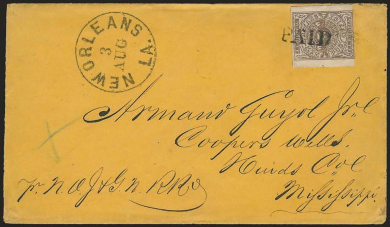 New Orleans La., 5c Brown on White (62X3).> Large margins to slightly in at bottom, tied by perfect strike of Paid handstamp, New Orleans La. 3 Aug. (1861) circular datestamp on buff cover to Coopers Wells
Miss., senders routing <<pr N.O. J. &