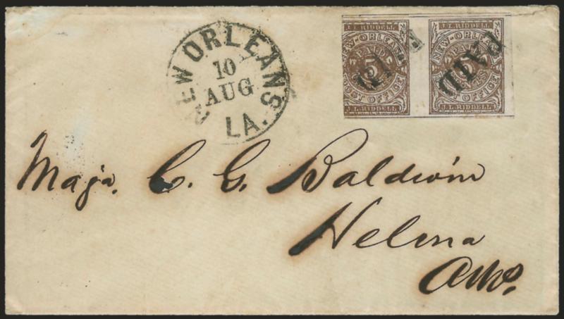 New Orleans La., 5c Brown on White (62X3).> Horizontal pair, cut in at left, other sides large, cancelled by two strikes of Paid, New Orleans La. 10 Aug. (1861) circular datestamp on cover to Helena Ark., small
piece out of backflap, Fine