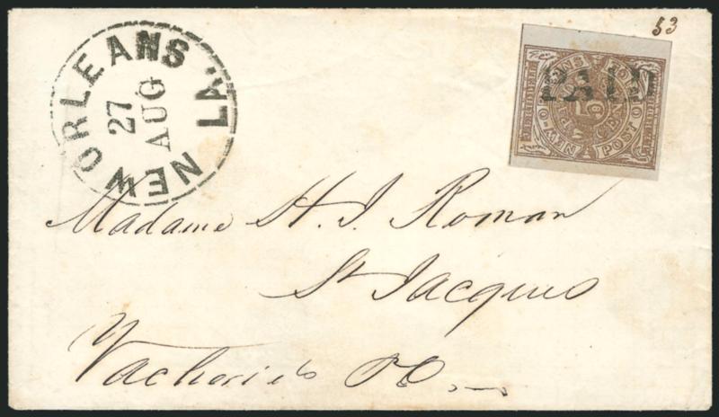 New Orleans La., 5c Red Brown on Bluish (62X4).> Large to huge margins, sharp early impression, Paid cancel, bold New Orleans La. 27 Aug. (1861) circular datestamp on small fresh cover to St. Jacques La., stamp
with a few faint toned spots, Extre