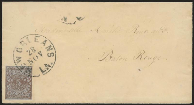 New Orleans La., 5c Red Brown on Bluish (62X4).> Cut close all around, tied by New Orleans La. 28 Nov. (1861) circular datestamp on cover to Baton Rouge, slightly reduced at top and backflap mostly removed,
Fine