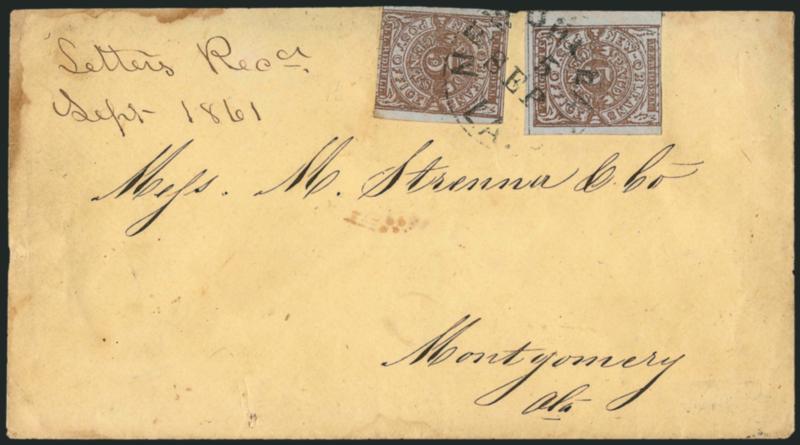 New Orleans La., 5c Red Brown on Bluish (62X4).> Two, right stamp is Position 30, large margins to just in, tied by New Orleans La. Sep. 5 circular datestamp on yellow cover to Montgomery Ala., 1861 docketing
at left, missing top flap and some wear