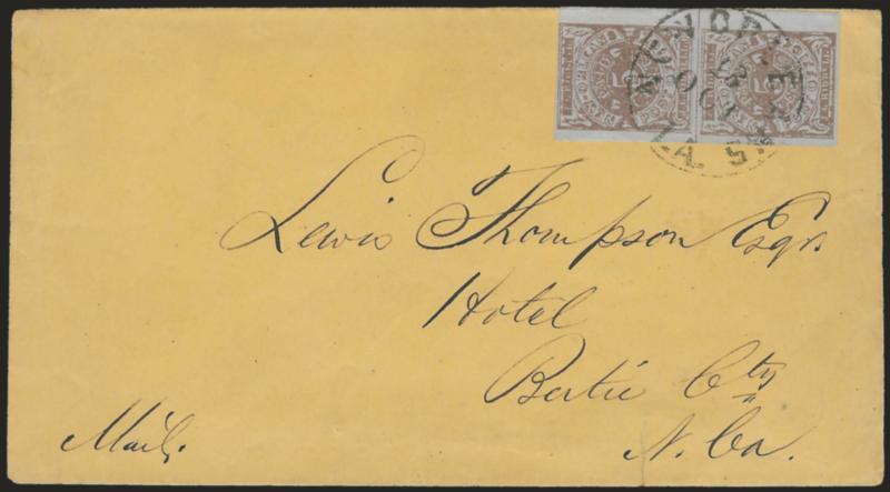 New Orleans La., 5c Red Brown on Bluish (62X4).> Vertical pair, large margins to clear at top, tied by New Orleans La. 18 Oct. (1861) circular datestamp on yellow cover to Hotel in Bertie County N.C., with
original enclosure, small tear at bottom