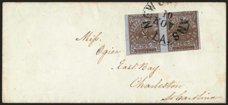 New Orleans La., 5c Red Brown on Bluish (62X4).> Horizontal pair, large margins to just touched, tied by New Orleans La. 10 Nov. circular datestamp on cover to Charleston S.C., fresh and Very Fine, ex Knapp and
illustrated in Phillips survey