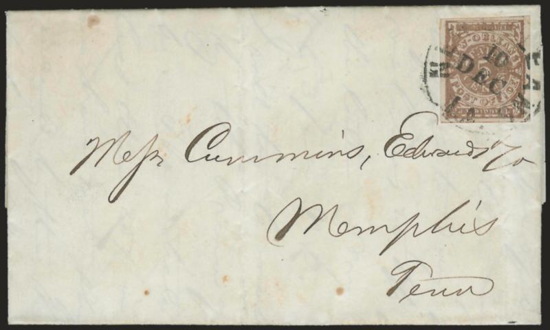 New Orleans La., 5c Yellow Brown on Off-White (62X5).> Full margins all around, tied by New Orleans La. 10 Dec. (1861) circular datestamp on folded letter to Memphis Tenn., datelined <<St. Louis Plantation,>>
vertical fold slightly creases stamp,