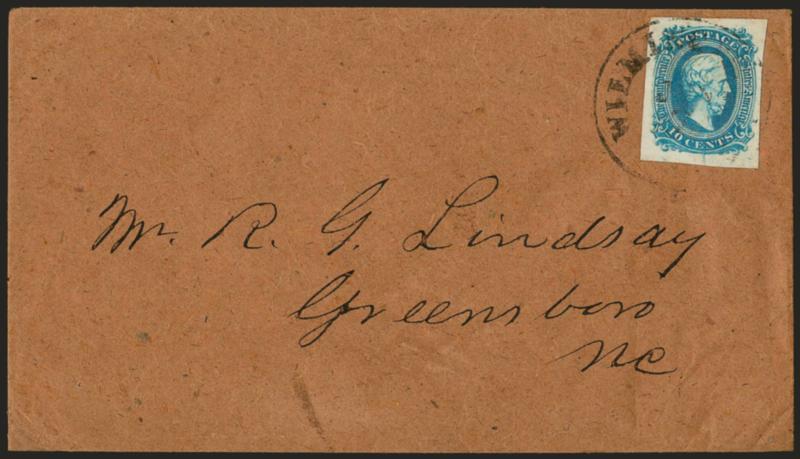10c Blue, Die A (11).> Huge margins, brilliant color, tied by light strike of Wilmington N.C. Jun. 7 circular datestamp on homemade cover to Greensboro N.C., unusual natural inking irregularity at bottom,
Extremely Fine, a gorgeous cover