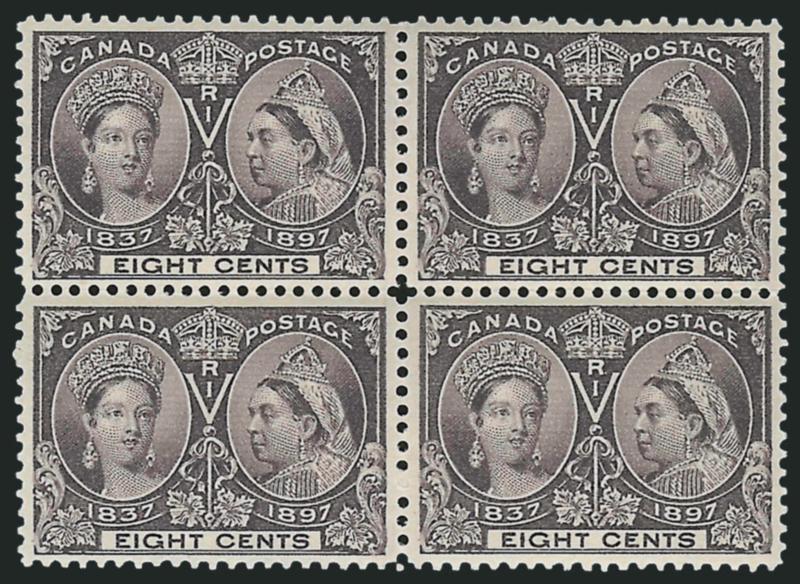 CANADA, 1897, 8c Jubilee (56).> Block of four, one lightly hinged, other three Mint N.H., intense color and attractively centered, Very Fine