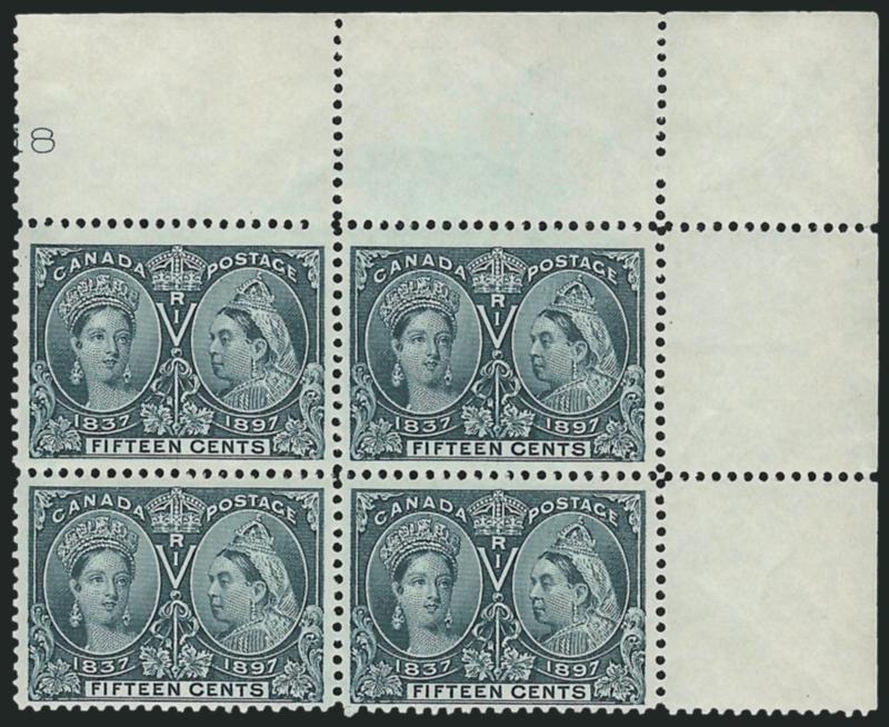 CANADA, 1897, 15c Jubilee (58).> Mint N.H. block of four with full top right corner selvage, bottom pair Fine, top pair Extremely Fine