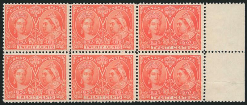 CANADA, 1897, 20c Jubilee (59).> Horizontal block of six with right selvage, left pair lightly hinged, right block of four Mint N.H., vivid color, bottom right stamp natural pre-print creasewrinkle, otherwise
Fine