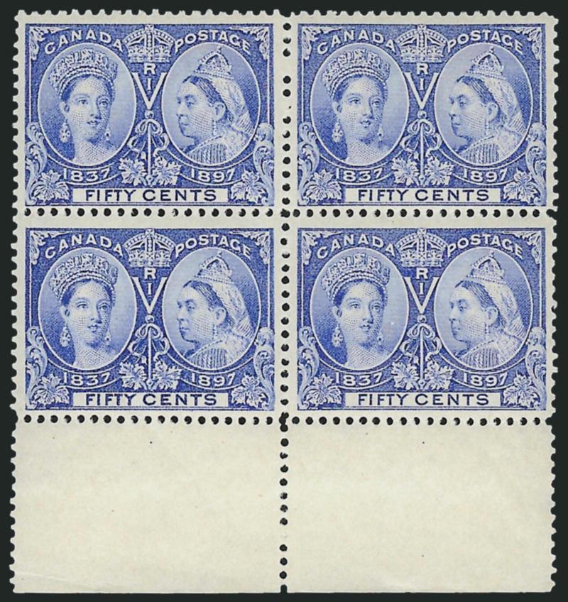 CANADA, 1897, 50c Jubilee (60).> Original gum block of four with bottom sheet margin, top pair lightly hinged, bottom pair Mint N.H., lovely color, Fine-Very Fine