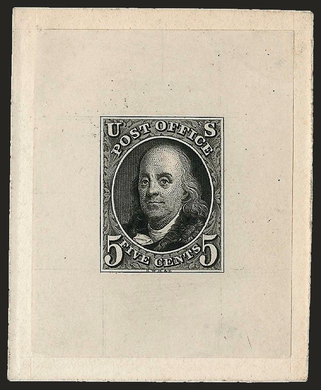 5c Dark Brownish Black, Large Die Trial Color Proof on India (1TC1).> Die sunk on 1-34 x 2-316 in. card, <unlisted color,> closest listing is large die on bond in Black Brown, Extremely Fine, Scott Retail as
any 5c Large Die Trial Color