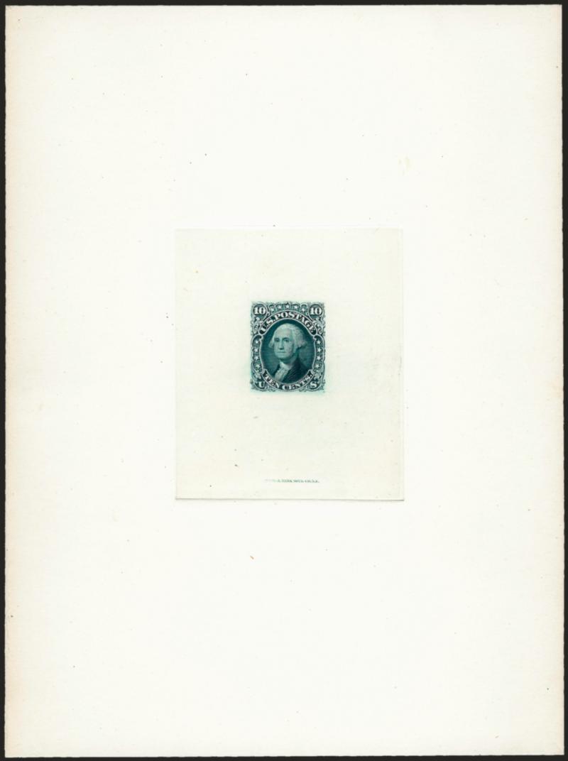 10c Dark Green, Large Die Proof on India (68P1).> Die sunk on 6 x 8 in. card, National Bank Note Co. N.Y. imprint at bottom, Extremely Fine