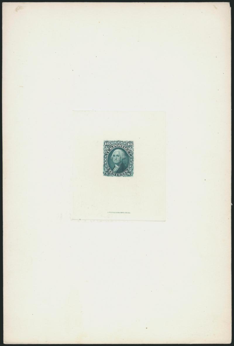 10c Dark Green, Large Die Proof on India (68P1).> Die sunk on 6 x 9 in. card, National Bank Note Co. N.Y. imprint at bottom, Extremely Fine