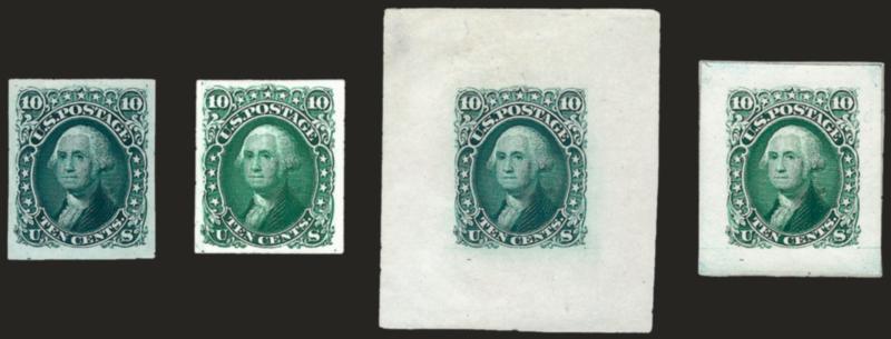 10c Green, Die and Plate Proofs (68P1, 68P2, 68P3, 68P4).> The large die off card and reduced to 41 x 49mm (slight India paper thin extreme top left corner), Very Fine lot