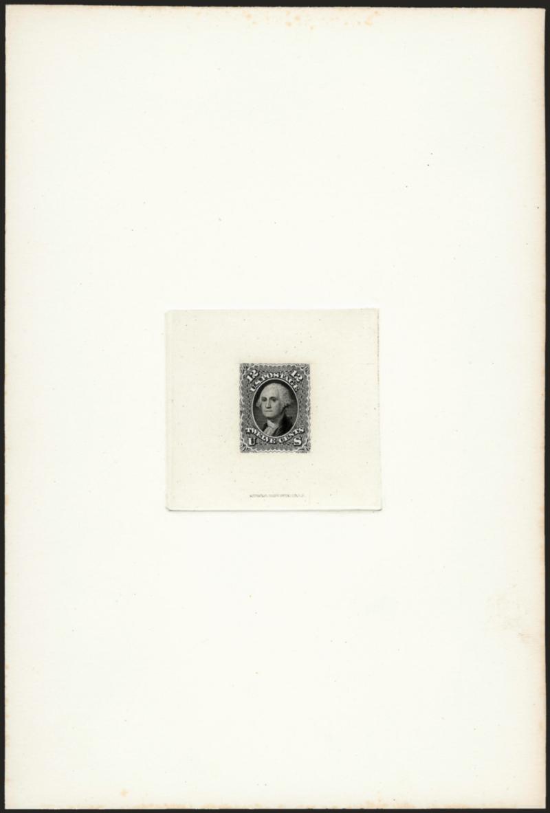12c Black, Large Die Proof on India (69P1).> Die sunk on 6 x 8-34 in. card, National Bank Note Co. N.Y. imprint at bottom, Extremely Fine