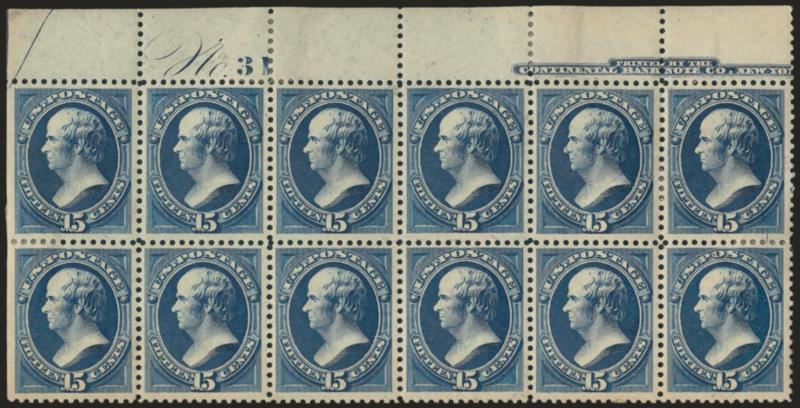 15c Blue, Special Printing Without Sample A Ovpt. 189SL var).> Horizontal block of twelve with top part imprint, plate no. 31 and imperf half arrow, almost a complete plate block, original gum, some h.r.,
exceptionally well-centered, Very Fine, the