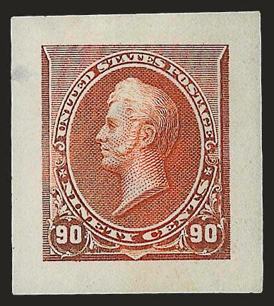 1c-90c 1890 Issue, Small Die Proofs (219P2-219DP2, 221P2-224P2, 226P2-229P2).> Removed from Roosevelt Album gray cards (some remnants), complete less 2c Carmine and 8c, several with thins, otherwise Very
Fine