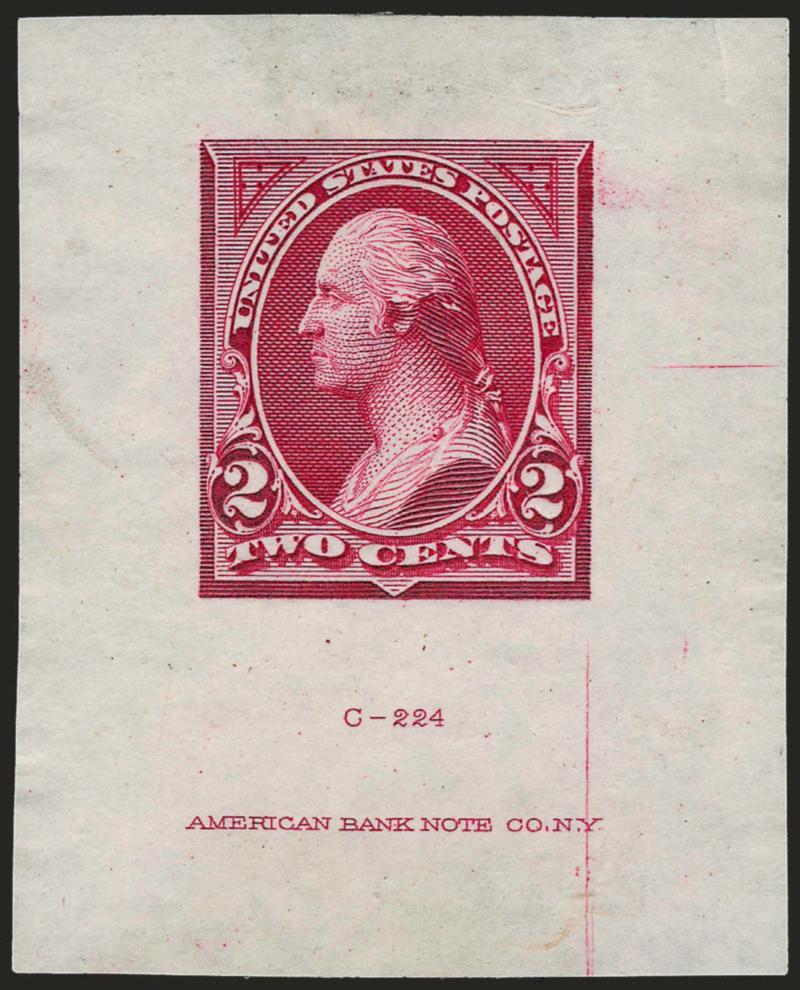 2c Deep Red, Die Essay on India (250-E3).> 1-716 x 1-1316 in., off card, with Die C-224 and American Bank Note Co. N.Y. imprint, Very Fine, the color is more a Lake shade than Deep Red