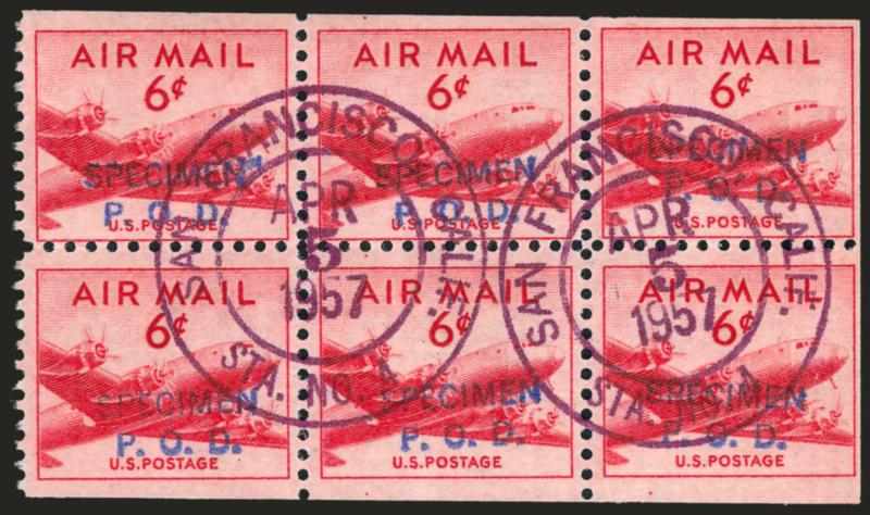 6c Carmine, Specimen P.O.D. Handstamp Ovpt. (C39S, C39aS).> Two blocks of four (different type size, small and large), two booklet panes with large type variety, one tab trimmed off, other with perfect bold San
Francisco Calif. Sta. 4 Apr 5 1957 d
