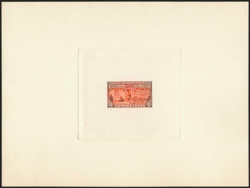 15c Orange, Special Delivery, Large Die Proof on India (E13P1).> Die sunk on 8 x 6 in. card, color slightly oxidized, otherwise Extremely Fine