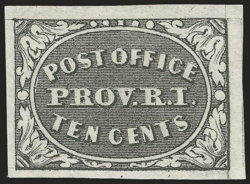 Providence R.I., 10c Gray Black (10X2).> Position 3, unused (no gum), huge margins incl. <top right corner sheet margins,> intense shade and impression, Extremely Fine Gem, with 2001 P.F.
certificate
