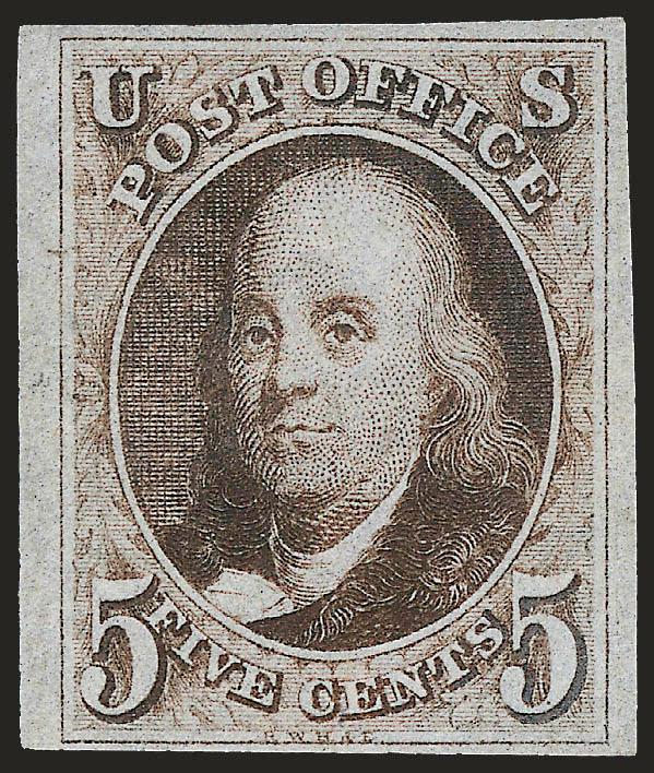 5c Dark Brown (1a).> Original gum, lightly hinged, intense shade in the distinctive Dark Brown shade, large margins to full, faint vertical crease in right margin outside of the design<><>^VERY FINE APPEARANCE.
A BEAUTIFUL FOUR-MARGIN AND SOUND ORI