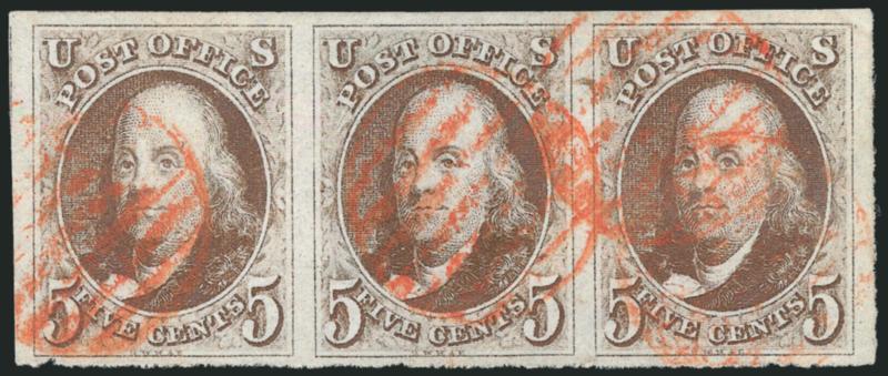 5c Brown (1).> Horizontal strip of three, large to huge margins except tiny margin nick just clear of design at bottom left, deep rich color and clear impression, neat red grid cancels, trivial corner margin
crease top right clear of frame line corne
