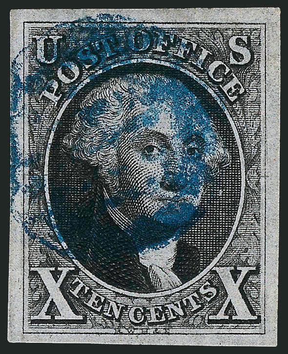 10c Black (2).> Large even margins, intense shade and impression, bold strike of <blue grid> cancel<><>^EXTREMELY FINE GEM. A SUPERB USED EXAMPLE OF THE 10-CENT 1847 ISSUE.^<><>With 1987 and 2006 P.F.
certificates (XF-Superb 95 SMQ $4,150.00)