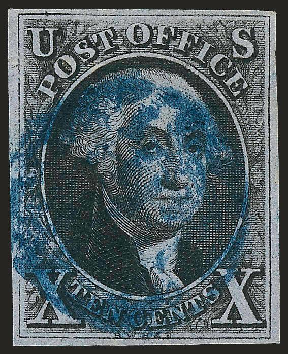 10c Black, Short Transfer at Top (2 var).> Full margins, intense shade and impression, bold strike of <blue grid> cancel which leaves the variety clearly visible, faint horizontal crease at top mentioned on
most recent certificate, appears Very Fine,