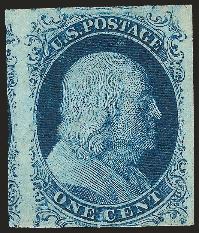 1c Blue, Ty. II (7).> Plate 2, original gum, lightly hinged, deep rich color, huge margins to barely touched incl. significant portion of adjoining stamp at left and at top, Very Fine and choice, a pretty
stamp, with 2008 P.F. certificate