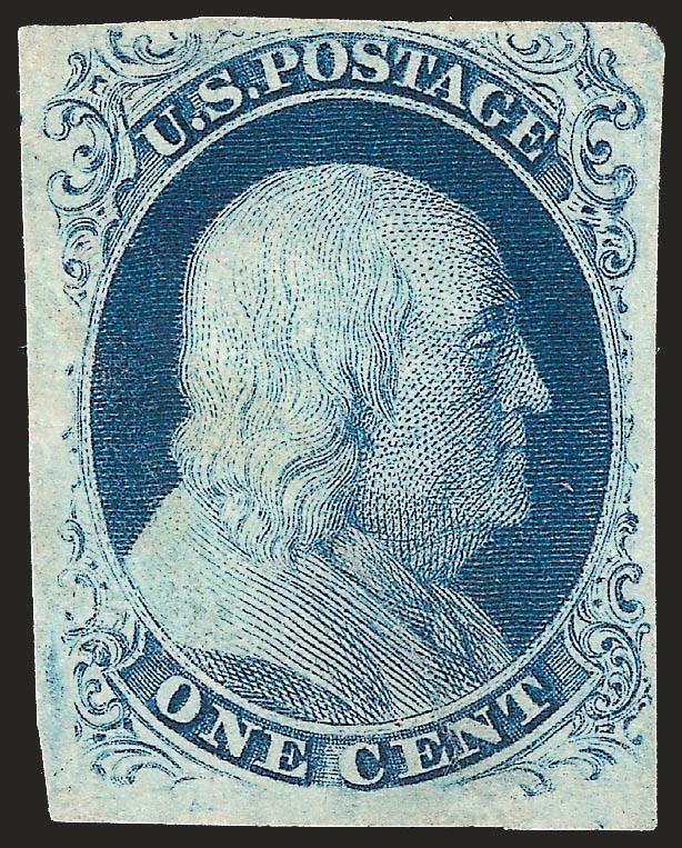 1c Blue, Ty. III (8).> Plate 4, ample to mostly large margins, deep rich color, cancel removed (appears unused) and 11mm sealed tear, Very Fine appearance, a handsome stamp with wide breaks in outer lines, with
2008 P.S.E. certificate