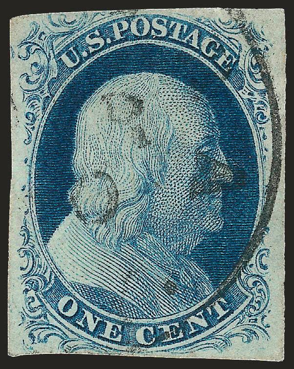 1c Blue, Ty. IIIa (8A).> Plate 4, large margins at sides and mostly clear to ample at top and bottom, choice deep color, light circular datestamp, couple trivial soiling specks on back, otherwise Very
Fine