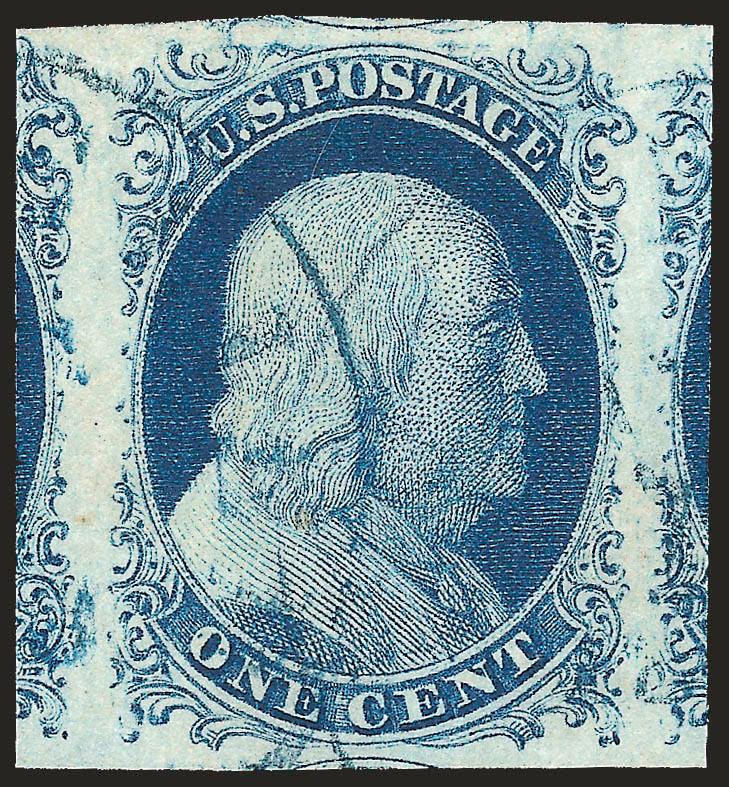 1c Blue, Ty. IV (9).> Large to enormous Jumbo margins, wonderful deep rich color with a sharp impression, cancelled by light <blue> circular datestamp<><>^EXTREMELY FINE GEM. A MAGNIFICENT EXAMPLE OF THE
IMPERFORATE 1851 ONE-CENT TYPE IV AND ESPECI