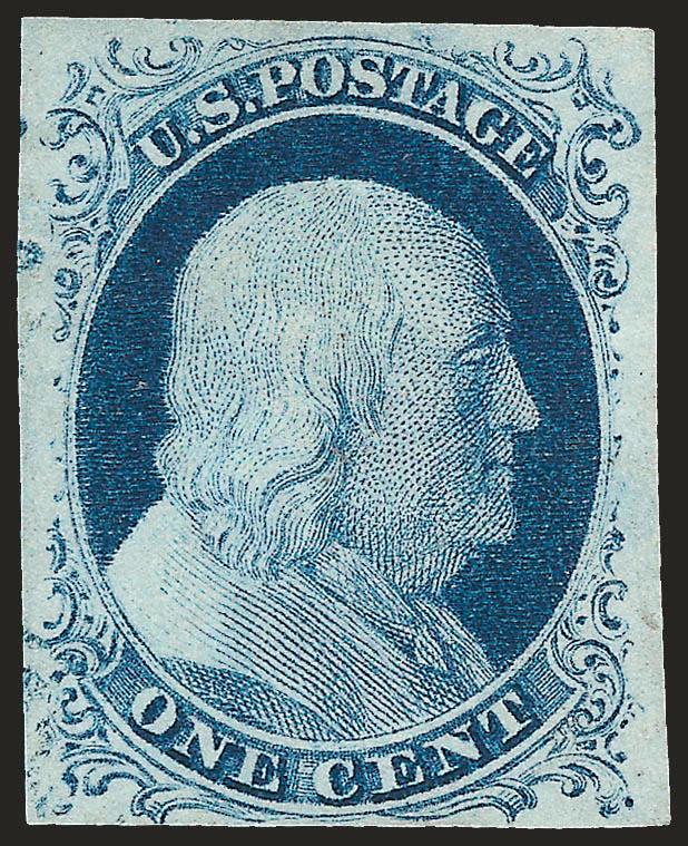 1c Blue, Ty. IV (9).> Ample to very large margins, wonderful deep rich color, faint <blue> cancel confined entirely to the left margin, really appears unused at a glance, Extremely Fine, with 2008 P.S.E.
certificate (XF 90 SMQ $310.00)