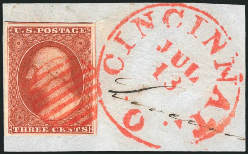 3c Deep Orange Brown, Ty. I (10).> Large to huge margins incl. parts of adjoining stamps at top and right, incredibly beautiful intense color, tied by <vivid red grid> on piece with matching Cincinnati O. Jul.
13 (1851) circular datestamp, Extremel
