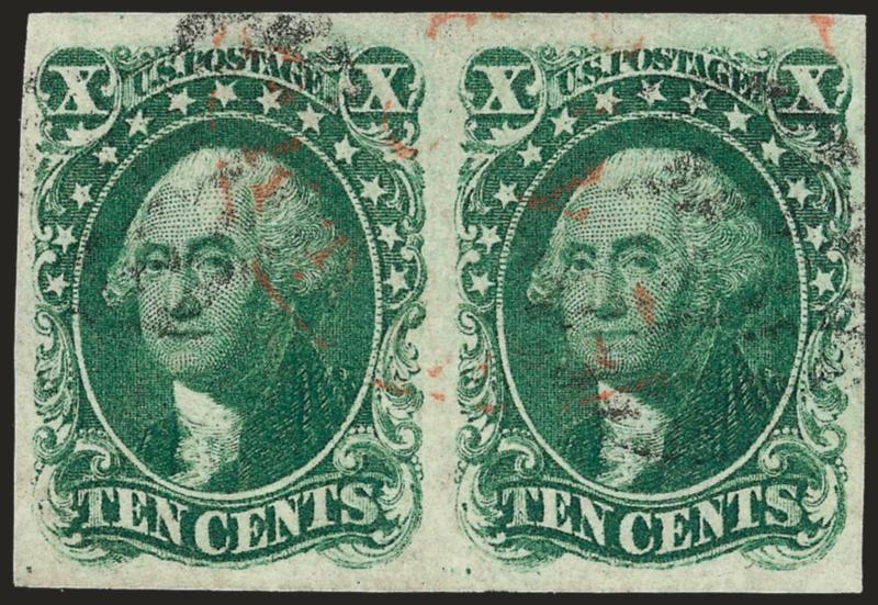 10c Green, Ty. I (13).> Horizontal pair, large even margins, light strikes of grid and red circular datestamp cancels, right stamp with faint margin crease at lower right mentioned only on new certificate,
still Very Fine and choice, scarce multiple,