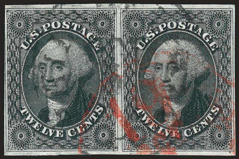 12c Black (17).> Positions 83-84L1, horizontal pair, intense shade and clear impression, three ample to large margins, ample to barely in at left, light circular datestamp and <red 19 credit handstamp>,
Fine-Very Fine