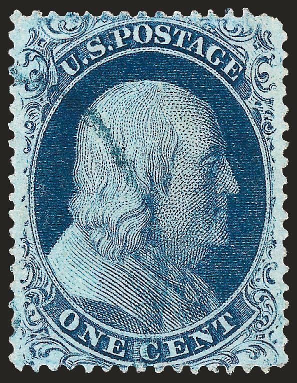 1c Blue, Ty. II (20).> Plate 2, exceptionally well-centered with deep rich color, cancelled by rim of <blue> circular datestamp, slightly rounded top right corner, Extremely Fine, with 2008 P.F. certificate
(VF-XF 85 SMQ $510.00)
