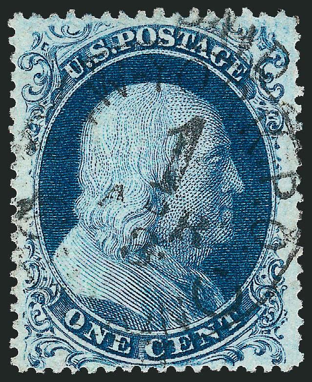 1c Blue, Ty. IIIa (22).> Plate 11 or 12, rich color on bright paper, almost perfectly centered with wide margins all around, full clear strike of <PaidNew-York P.O.Station C1 Apr. 3> circular datestamp with
integral 1c rate<><>^EXTREMELY FINE