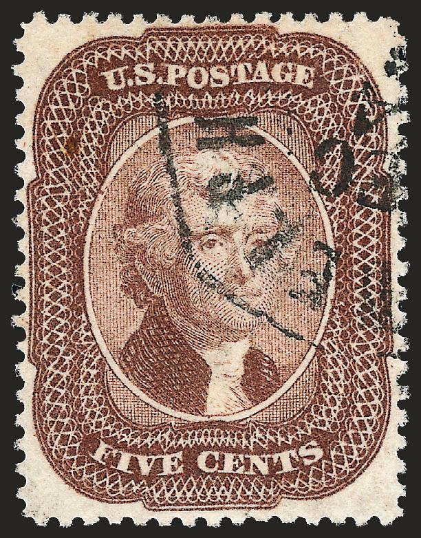 5c Brown (29).> Essentially perfectly centered with beautiful color and impression, neat Philadelphia octagonal datestamp, Extremely Fine, lovely used example, with 2001 P.F. certificate and 1992 and 2008
P.S.E. certificates (XF 90 SMQ $1,150.00)