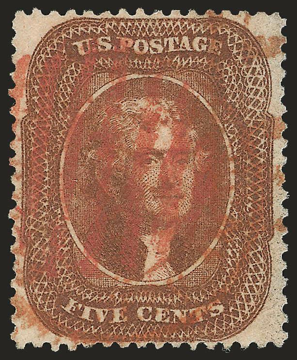 5c Orange Brown, Ty. II (30).> Choice centering with well-balanced margins, strong Orange Brown shade nicely accentuated by <red grid and matching circular datestamp,> fresh and bright paper<><>^EXTREMELY FINE.
A SUPERB EXAMPLE OF THE 1861 5-CENT O